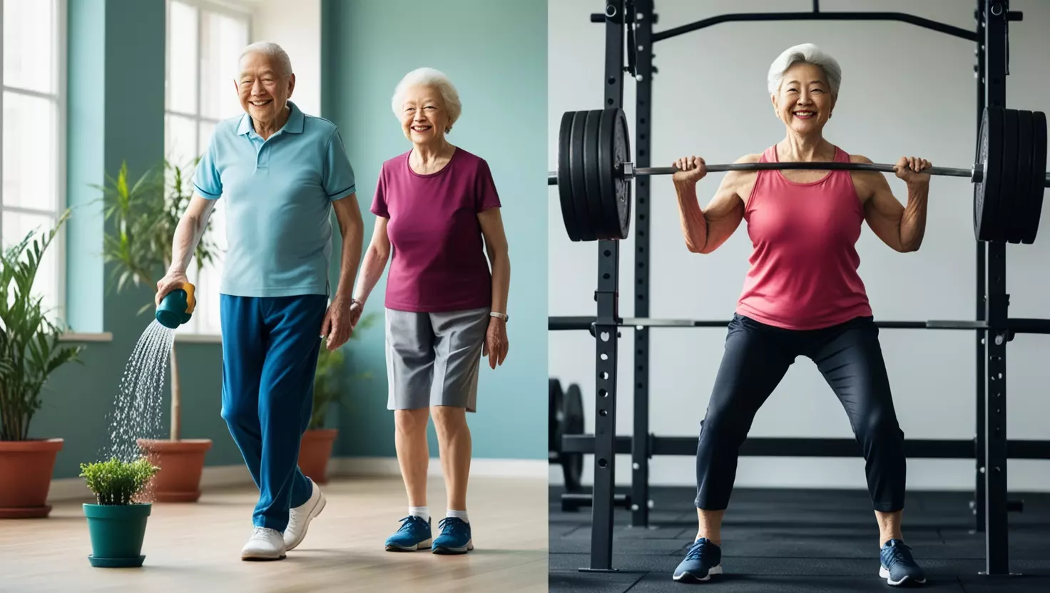 Idosos felizes praticando exercício físico_
