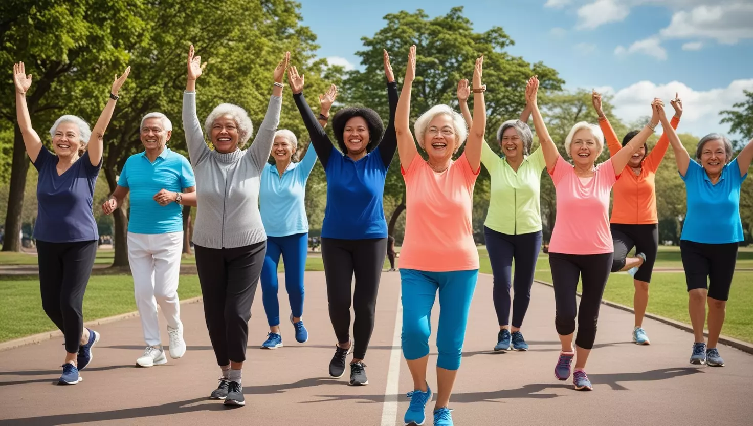 Idosos felizes praticando exercício físico.