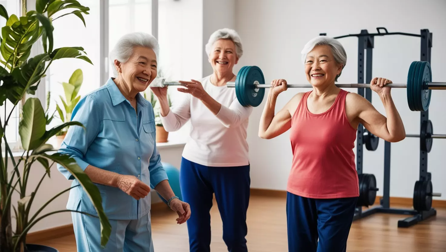 Idosos felizes praticando exercício físico