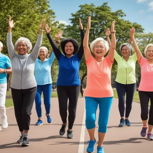 Idosos felizes praticando exercício físico.